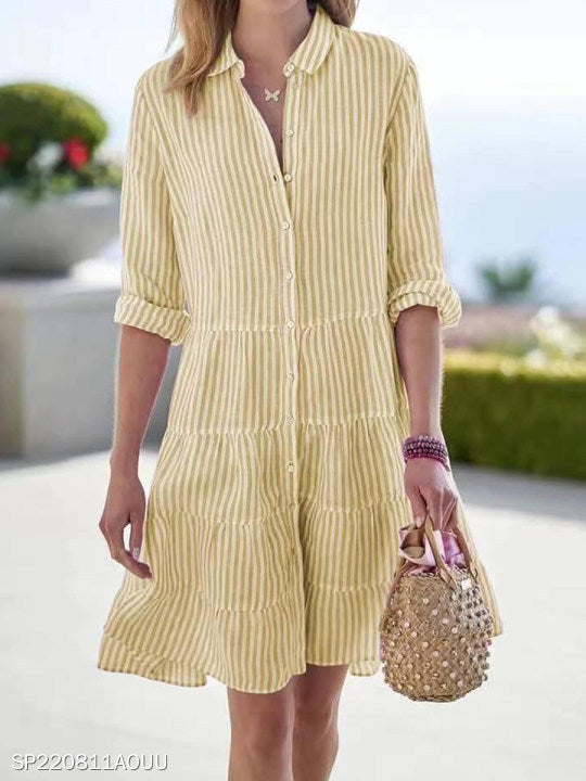 Ins Striped Long-sleeved Shirt Dress Fashion Lapel Button Dresses For Women