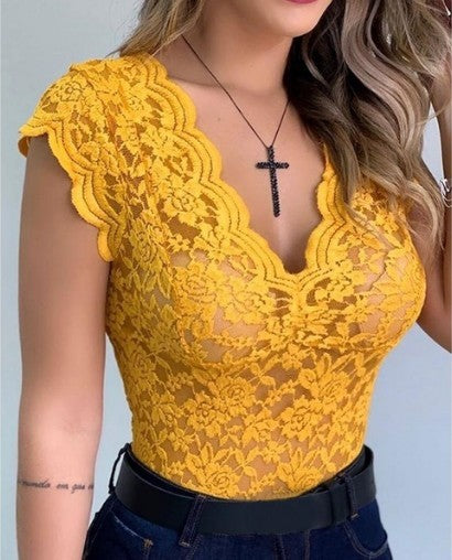 New Women Sexy V Neck Lace Vest Top - Sleeveless Solid Wire Free Tops