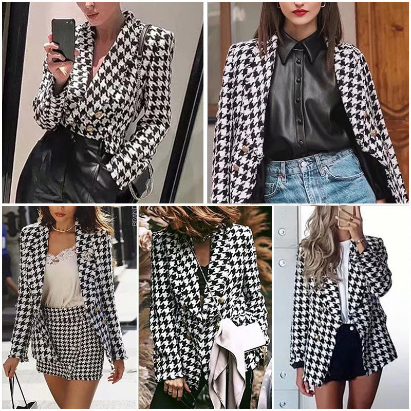 Veste pied-de-poule femme automne rétro veste à carreaux épais