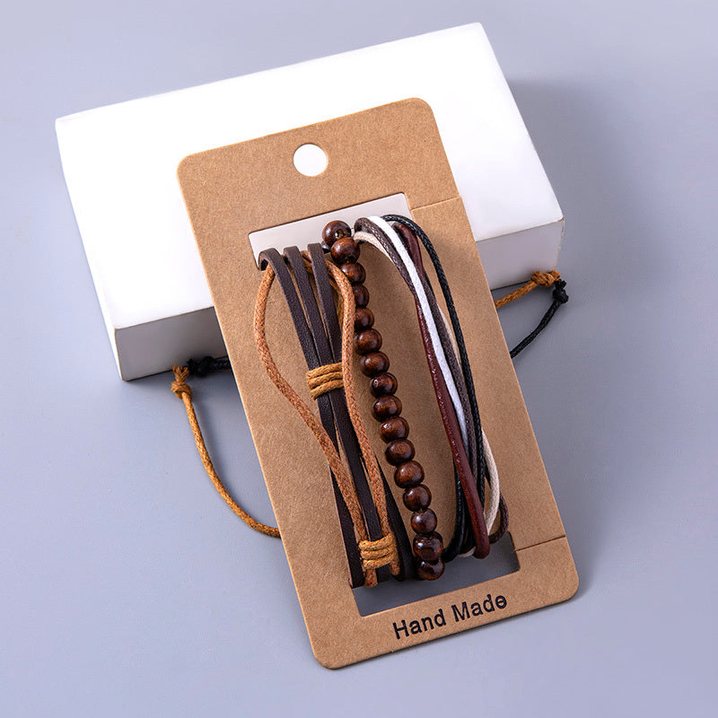 Vintage flerskiktade läder justerbara armband för kvinnor och män träpärlarmband etniska wrap-armband