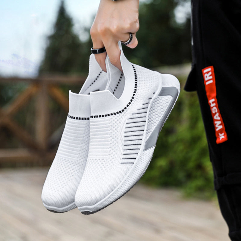 Moderiktiga nätskor med randig design för män, utomhus, andningsbara, slip-on-sneakers, ädelträ, lätta löparskor