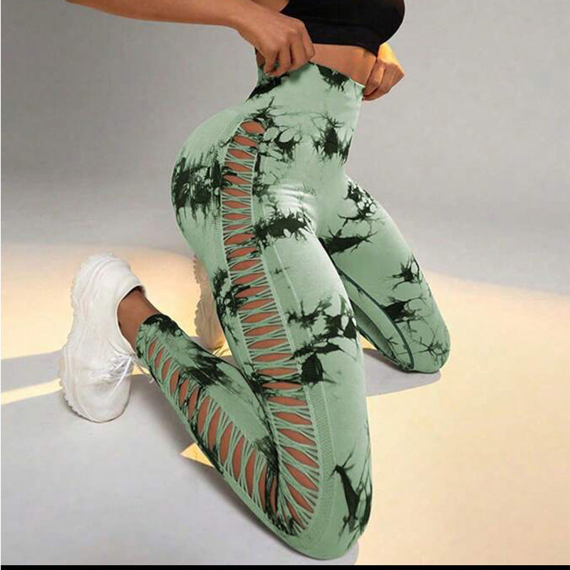 Hollow Tie Dye tryckta yogabyxor Hög midja rumplyft Sömlös Sport Gym Fitness Leggings Slimbyxor för kvinnor Tighta byxor