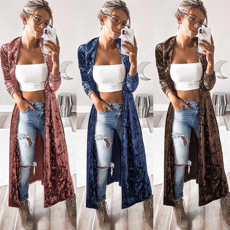Women's Fashion Velvet Jacket Autumn Long Coat Stitch Outerwear Coat Casual Tops Cardigan Women Clothing Plus Size