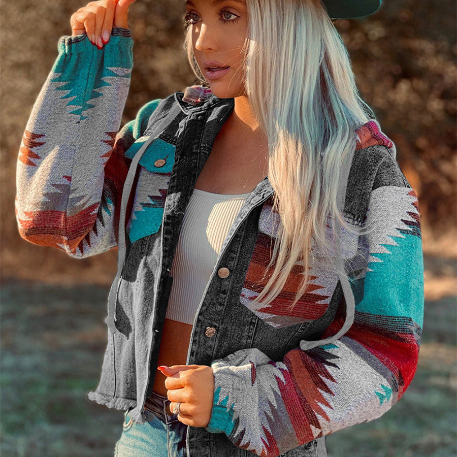Western Style Denim Stitching Hooded Jacket Multi-Color Printed Frayed Hem Jacket - Edgy High-Quality Stylish Cozy