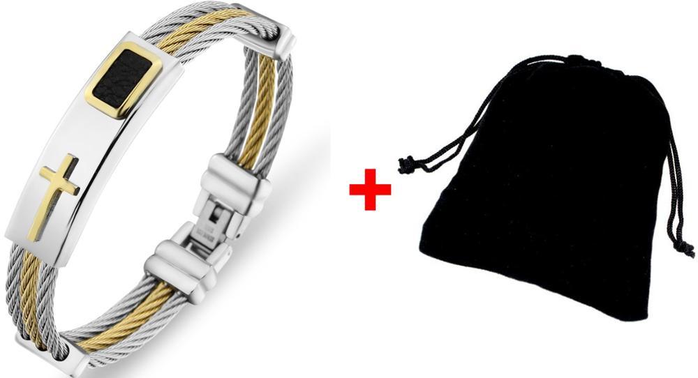 Herrarmband 3 rader trådkedjearmband Armringar Mode Punk Rostfritt stål Korsarmband Herr Kristna Herrsmycken