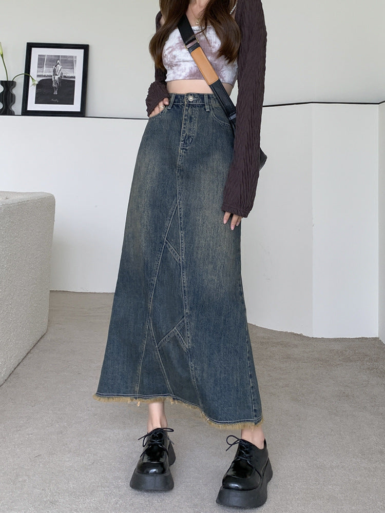 Niche Hot Girl Design Lotus Leaf Hip Fishtail Skirt Women's High Waist Slit Denim Skirt