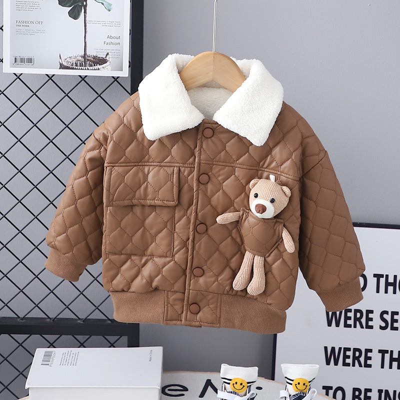 Manteau en cuir épais à revers pour garçon, veste à manches longues