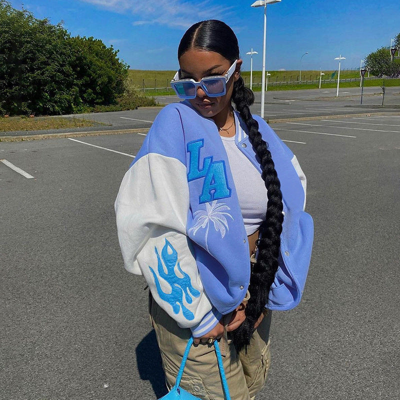 Contrast Stitching Embroidery Loose Casual Baseball Uniform Jacket - Vibrant Statement Intricate Comfortable