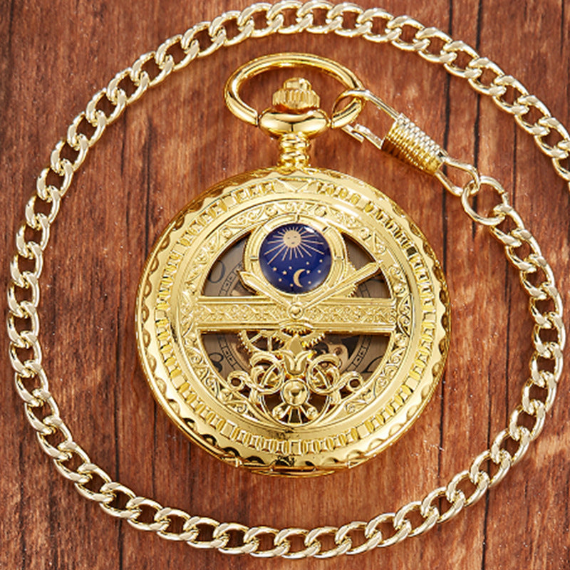 Golden Retro Hollow Pointer Night Sky Semi-Automatic Mechanical Pocket Watch - Celestial Elegant Timeless Exquisite