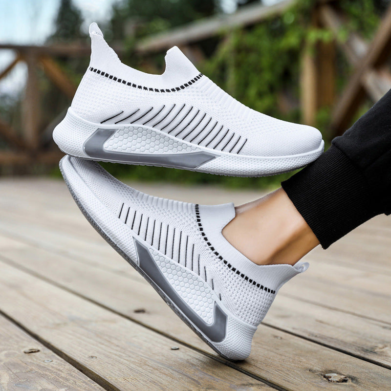 Moderiktiga nätskor med randig design för män, utomhus, andningsbara, slip-on-sneakers, ädelträ, lätta löparskor