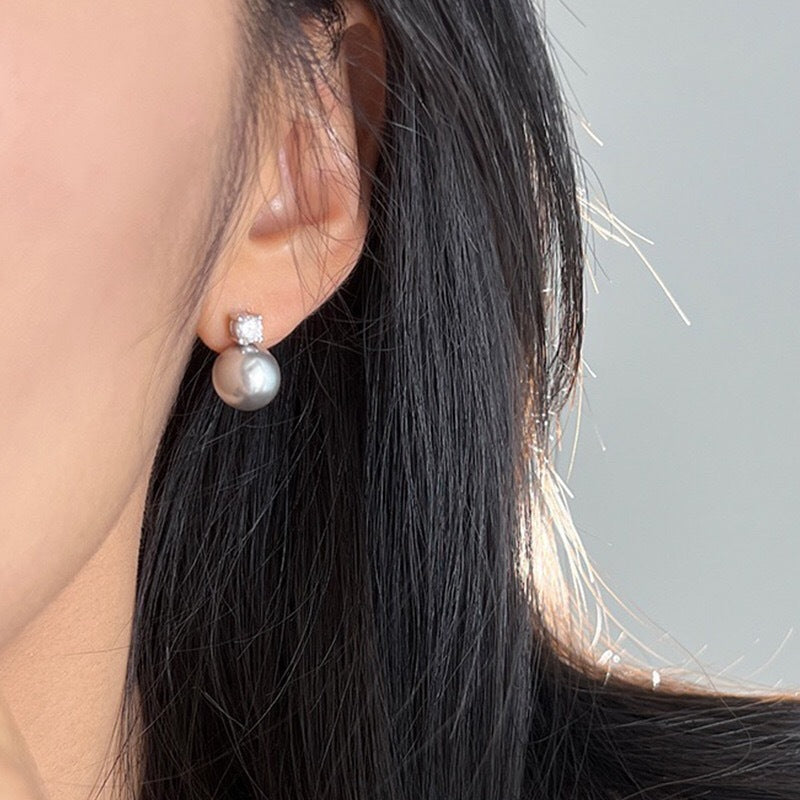 Copper Plating Single Zircon Pearl Silver Stud Earrings