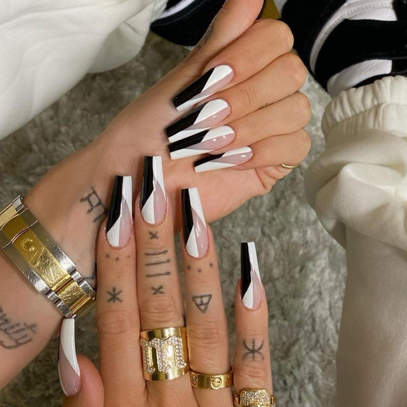 Long Ballet Press-On Nails - Black & White Design W046 | Professional Nail Stickers