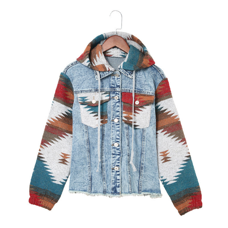 Western Style Denim Stitching Hooded Jacket Multi-Color Printed Frayed Hem Jacket - Edgy High-Quality Stylish Cozy