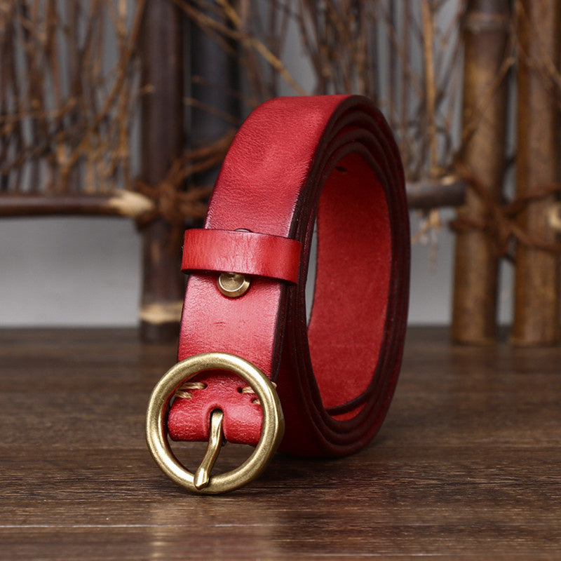 Women's Fashion Leather Jeans Belt Brass Buckle - Casual Chic