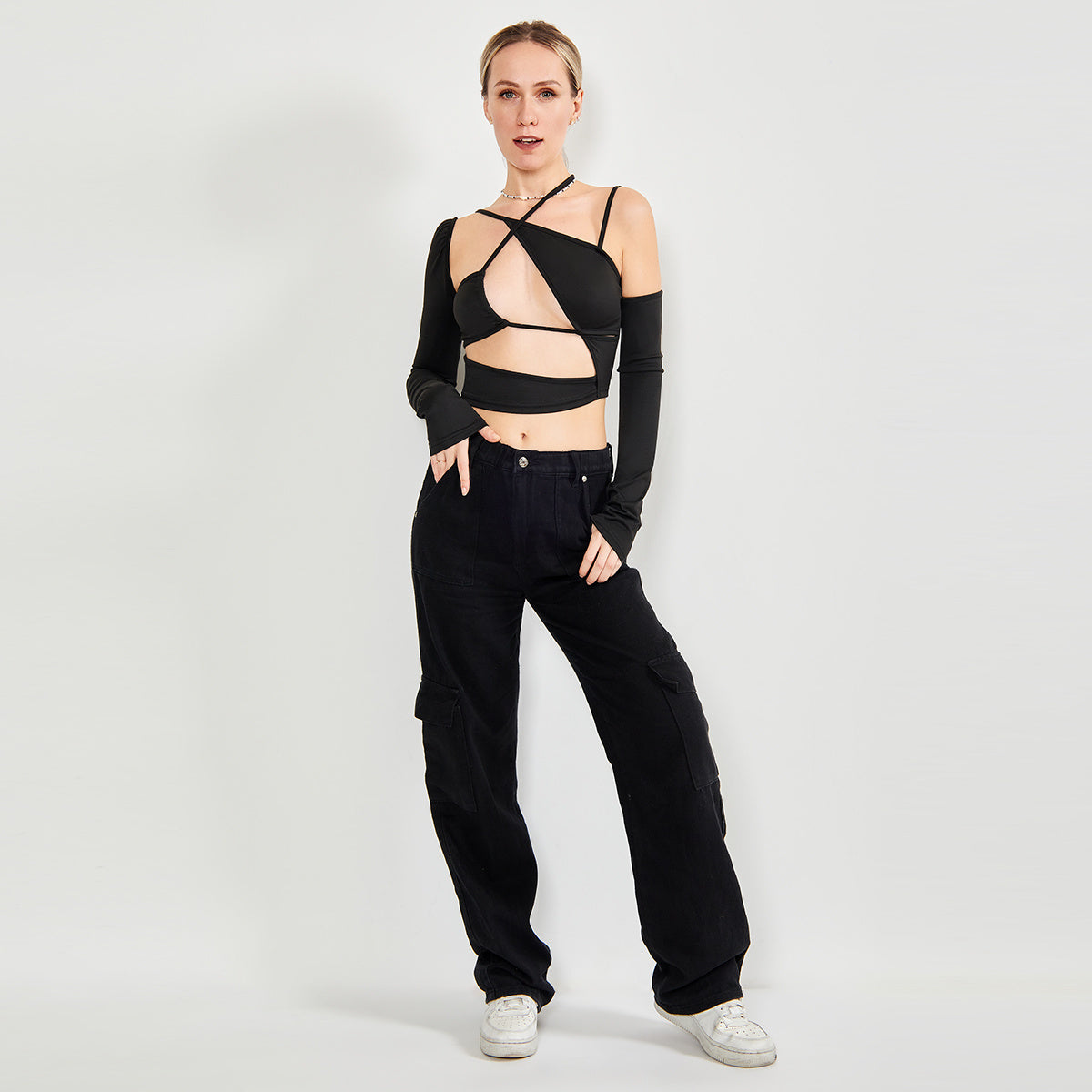 Long Sleeve Top Cut Out Asymmetrical Neck