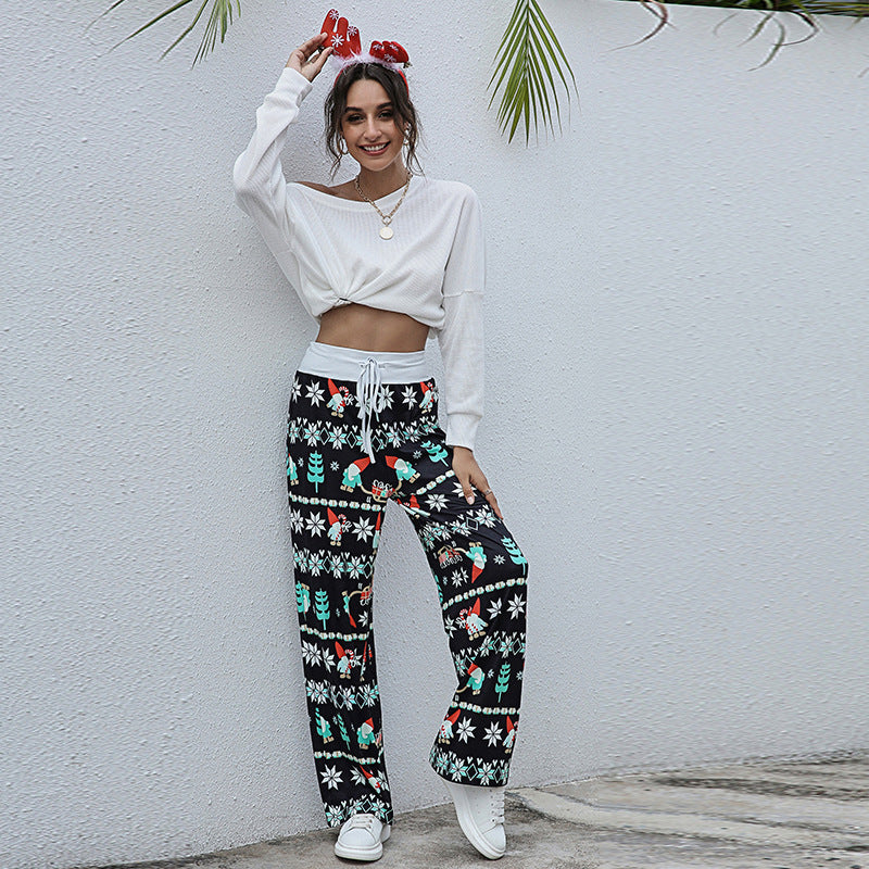 Christmas Print Pants Women Fashion Casual Drawstring Trousers With Christmas Snowflake Tree Elk Print - Holiday Spirit