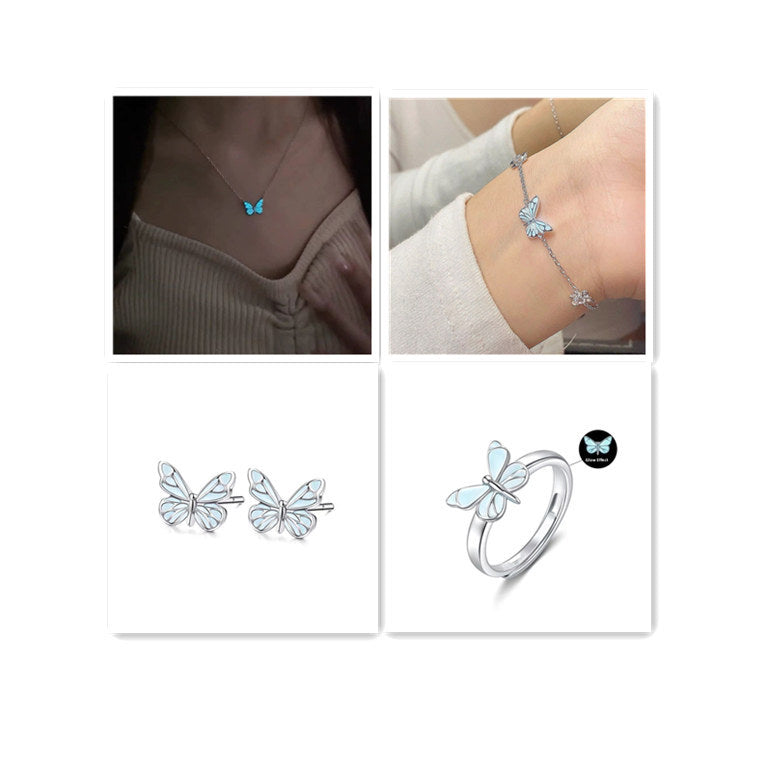 Moderiktigt blått lysande fjärilshalsband armbandsset för kvinnor med nyckelbenskedja, choker, festsmyckeset, present
