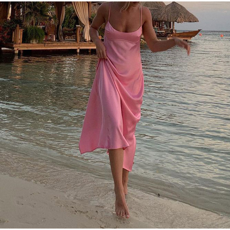Femmes Camis Satin longues robes élégantes sans manches Slip robes de fête de vacances Sexy décontracté dos nu robes d'été