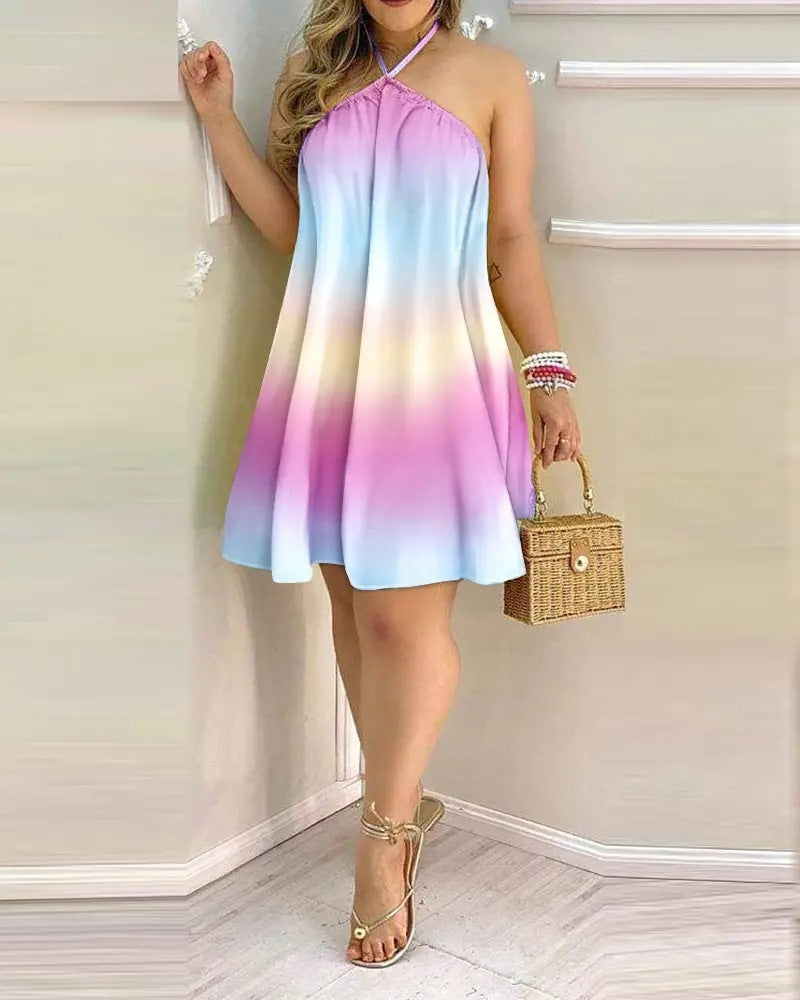 3D Effect Printed Summer Off-Shoulder Hanging Neck A-Line Dress