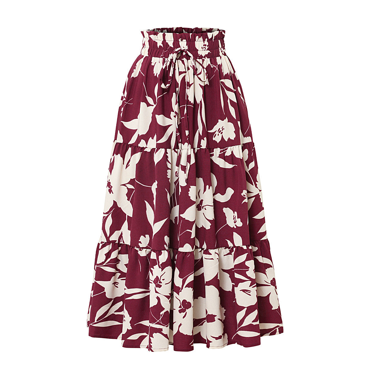 Professional European American Printed A-Line Pleated Skirt - Polyester Floral (5 Colors, S-XL, Commuting Style)