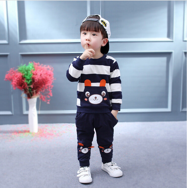 Unisex Children's Clothing Suit - Cartoon Bear Striped Sweater Set