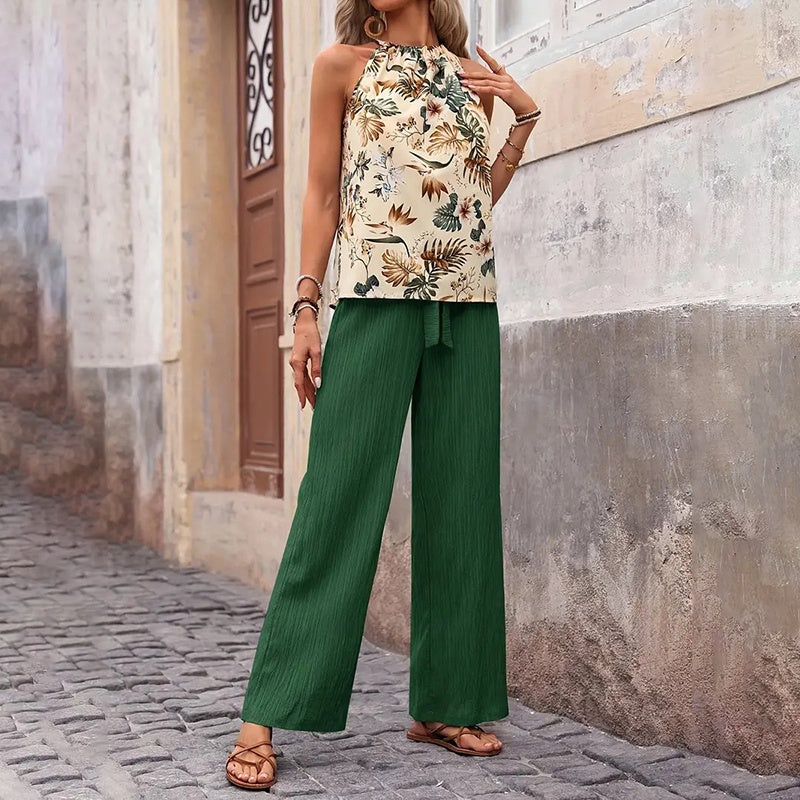 Damkläder med två delar, sommar, casual, ärmlös, halterneck, crop tops, vida ben, set med byxor