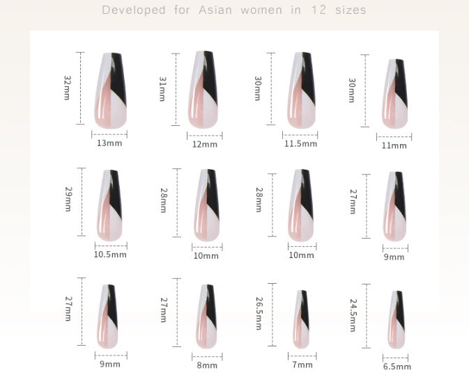 Long Ballet Press-On Nails - Black & White Design W046 | Professional Nail Stickers