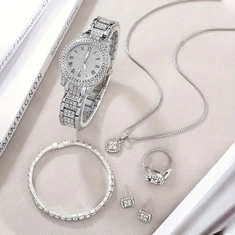 Women's Diamond Fashion Roman Quartz Watch - 5-Piece Set