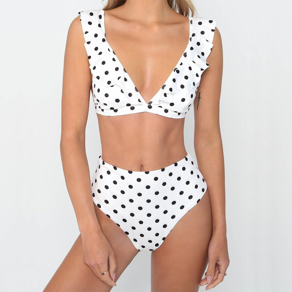 2 st svartvit prickig baddräkt sexig volangbikiniset med djup V-ringning sommarstrand damkläder
