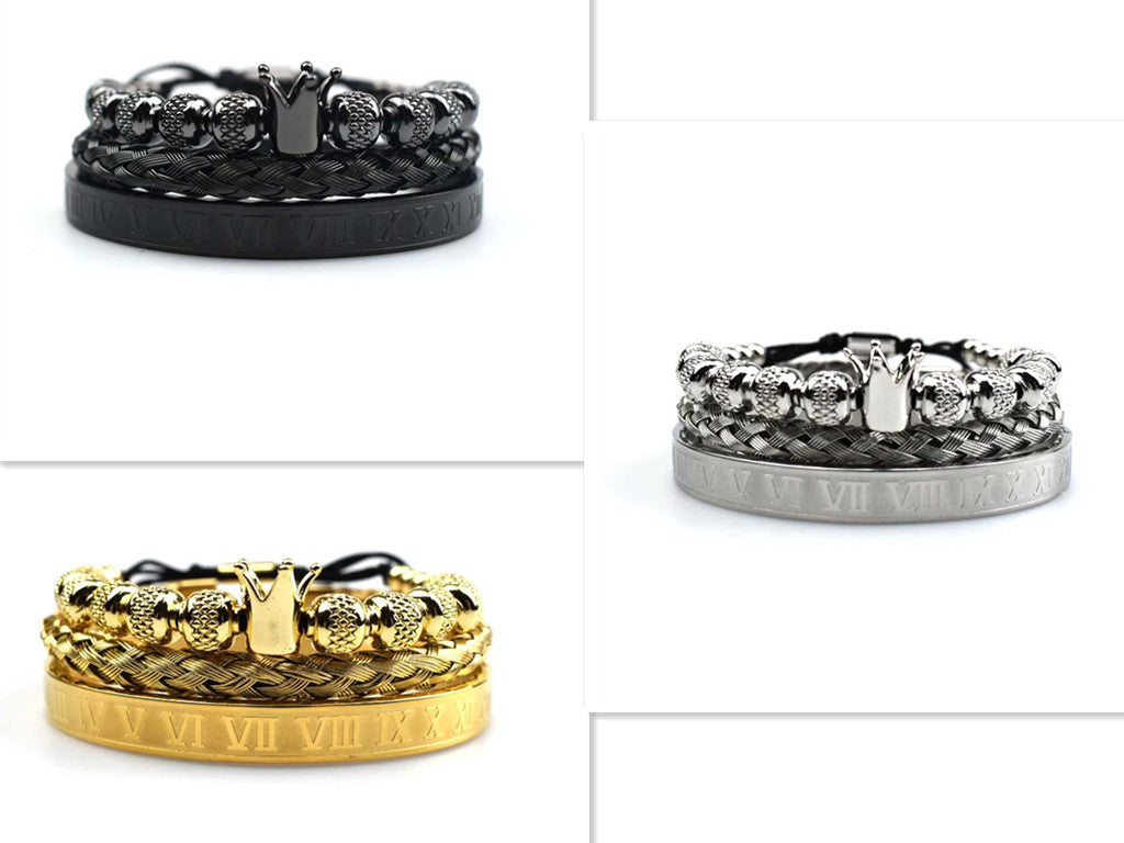 Lyxigt romerskt kungligt krona-berlockarmband för män i rostfritt stål med geometri, pulsera för män, justerbara armband för par, presentsmycken