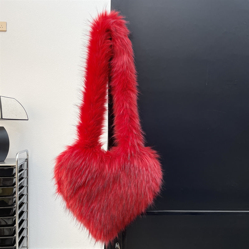 Sacs à bandoulière en polaire d'hiver pour femmes, sac à bandoulière en forme de cœur en peluche, sac d'amour de grande capacité