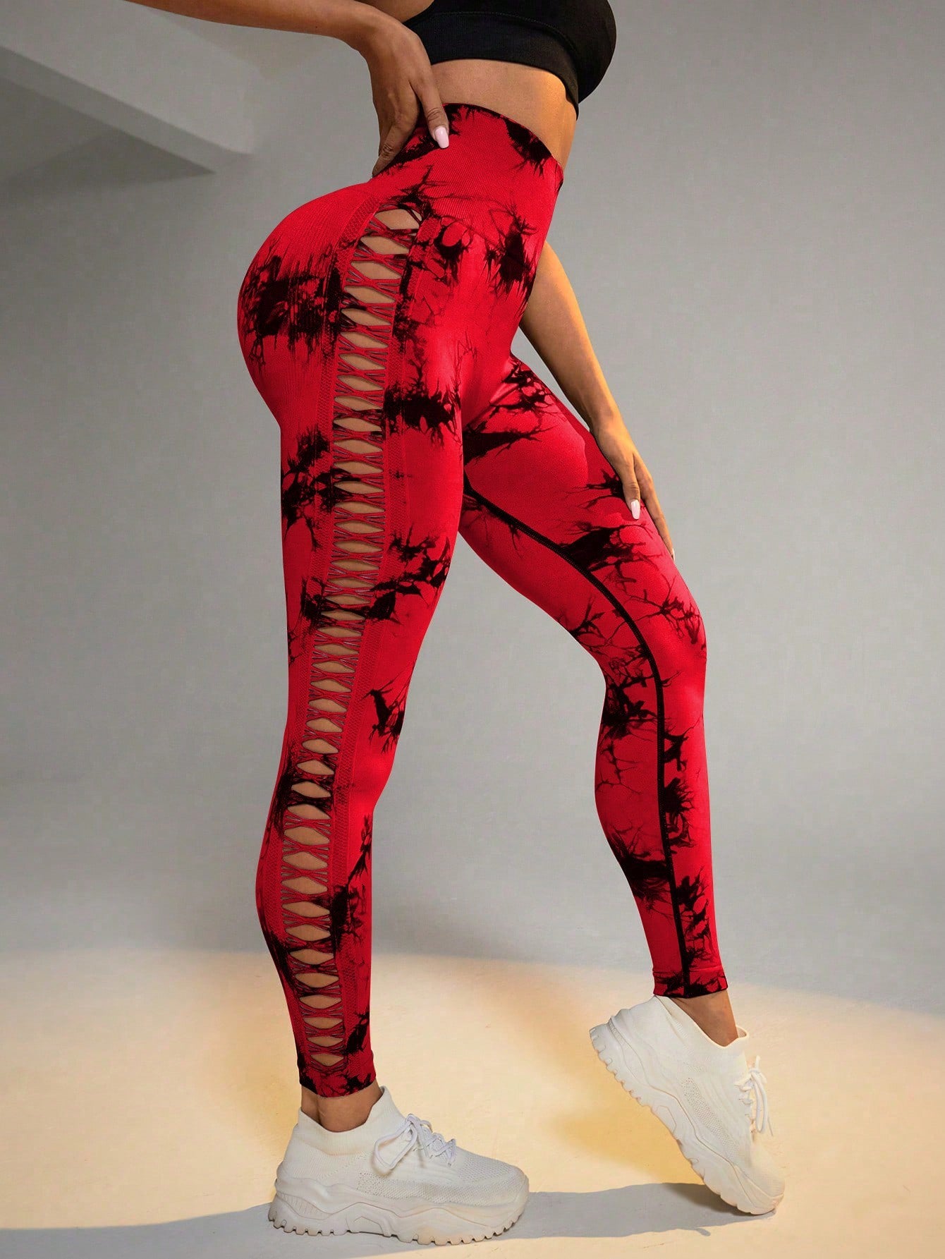 Hollow Tie Dye tryckta yogabyxor Hög midja rumplyft Sömlös Sport Gym Fitness Leggings Slimbyxor för kvinnor Tighta byxor