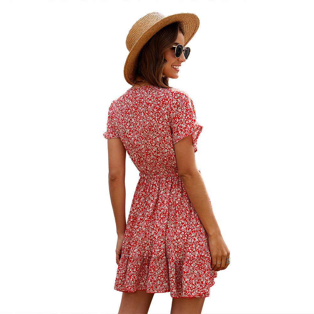 Deep V Ruffled Floral Spring vêtements pour kvinnor européens et américains pour kvinnor