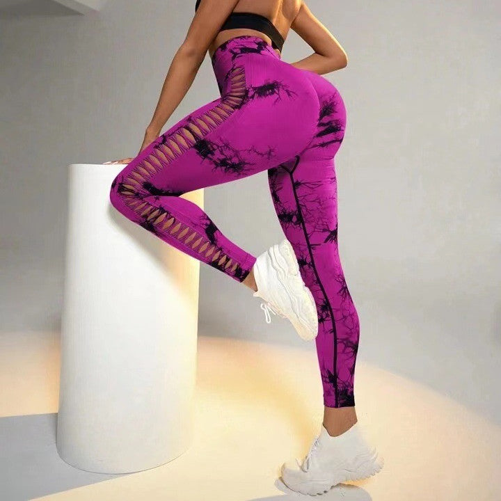 Hollow Tie Dye tryckta yogabyxor Hög midja rumplyft Sömlös Sport Gym Fitness Leggings Slimbyxor för kvinnor Tighta byxor
