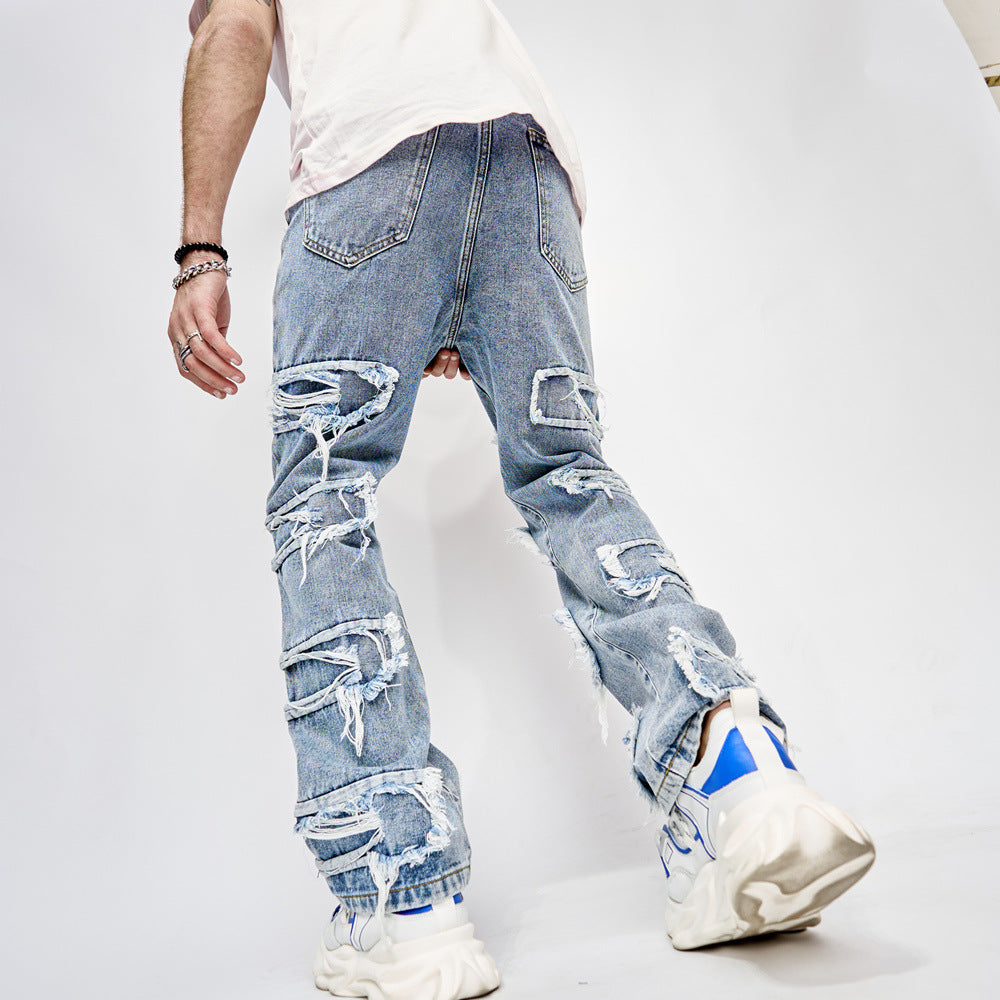 Herrbyxor, långa byxor, lappade, raka, herrjeans med hiphop-mönster