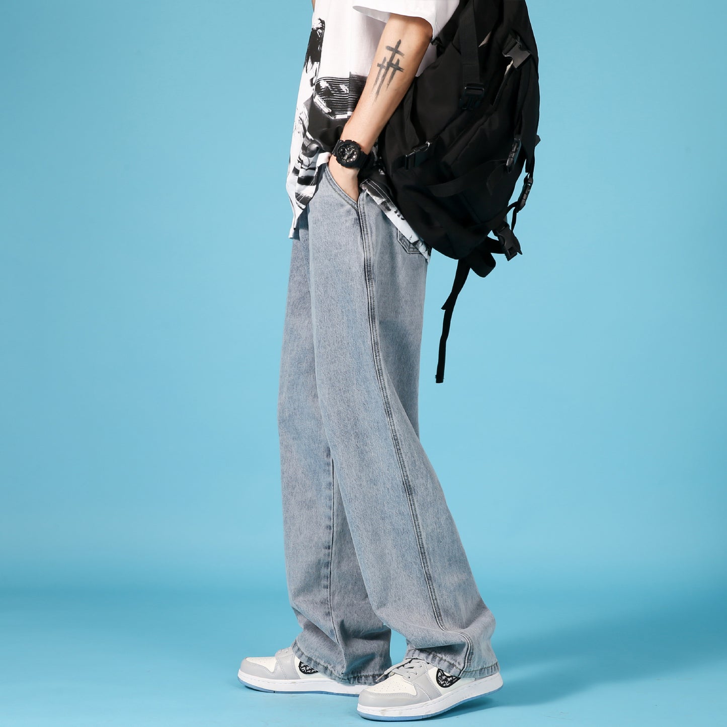 Raka Lösa Jeans Herr Fritidsbyxor Hip Hop Cargo Denim Byxor Med Dragkedja