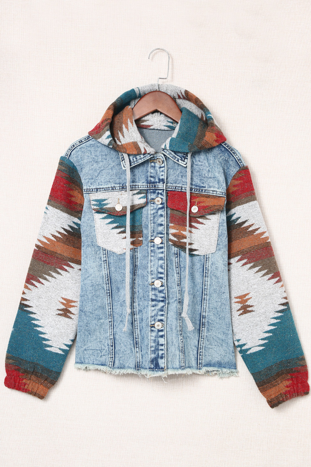 Western Style Denim Stitching Hooded Jacket Multi-Color Printed Frayed Hem Jacket - Edgy High-Quality Stylish Cozy