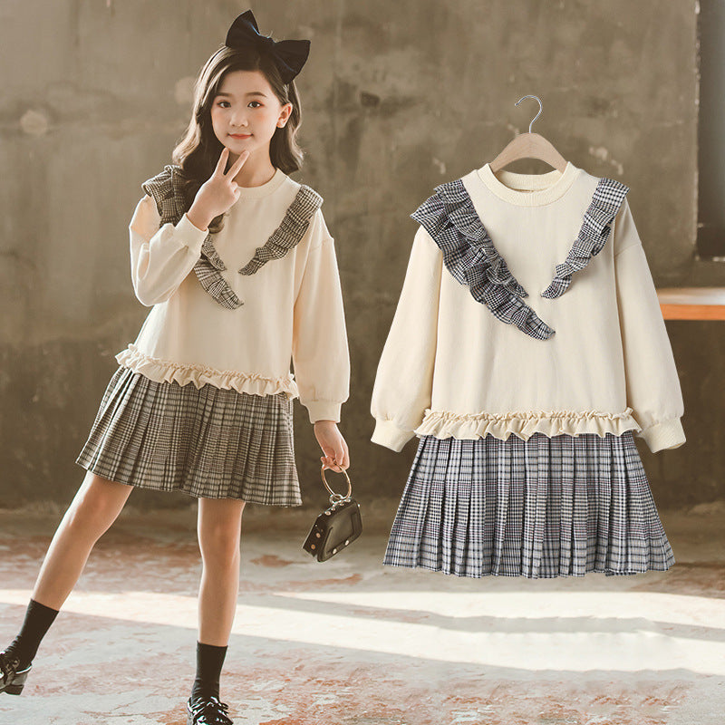 Robe pour filles de style coréen pour grands enfants avec carreaux plissés