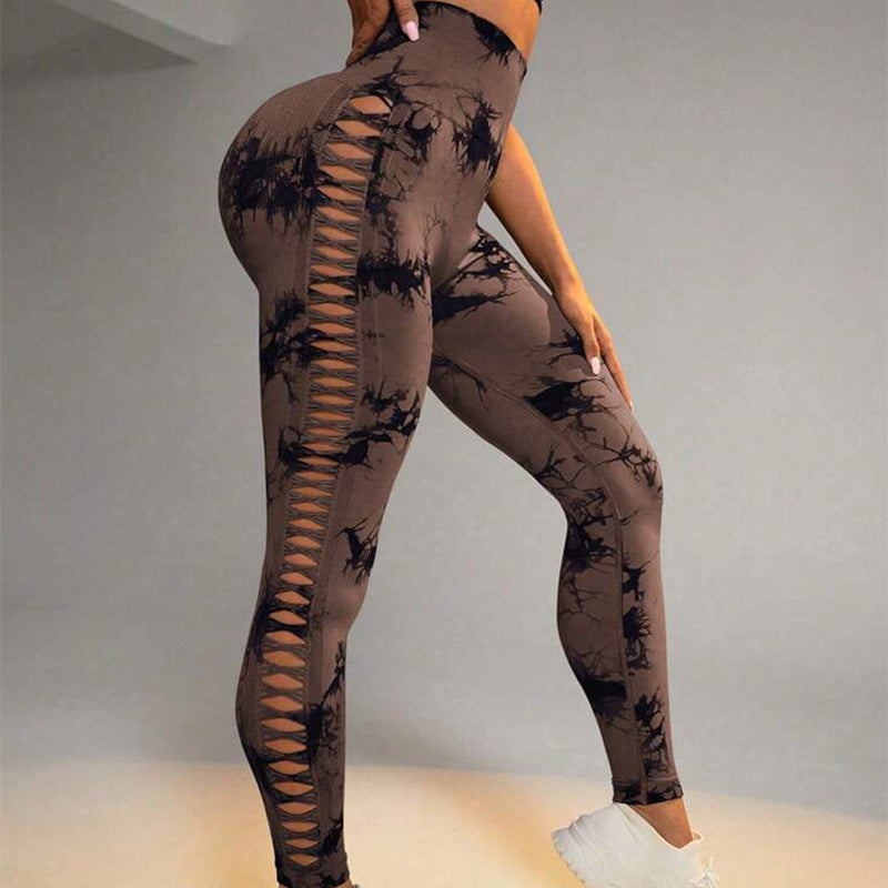 Hollow Tie Dye tryckta yogabyxor Hög midja rumplyft Sömlös Sport Gym Fitness Leggings Slimbyxor för kvinnor Tighta byxor