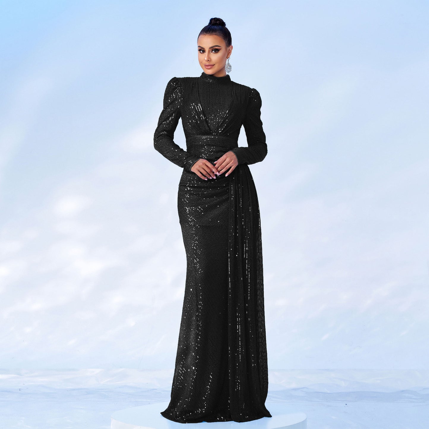 Long Sleeve Round Neck Sequined Banquet Dress - Hip Skirt Temperament Commute - Premium Polyester