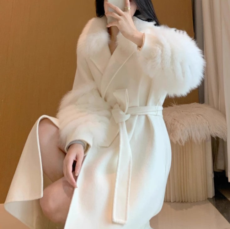 Overcoat Medium Long Woolen Coat - 100% Polyester Commuting Style White Professional