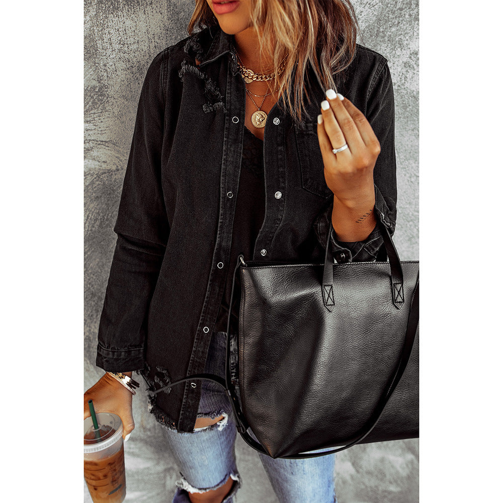 Black Ripped Shirt Denim Long Sleeve Coat Jacket Women - Trendy Comfortable High-Quality Flattering Stylish Edgy