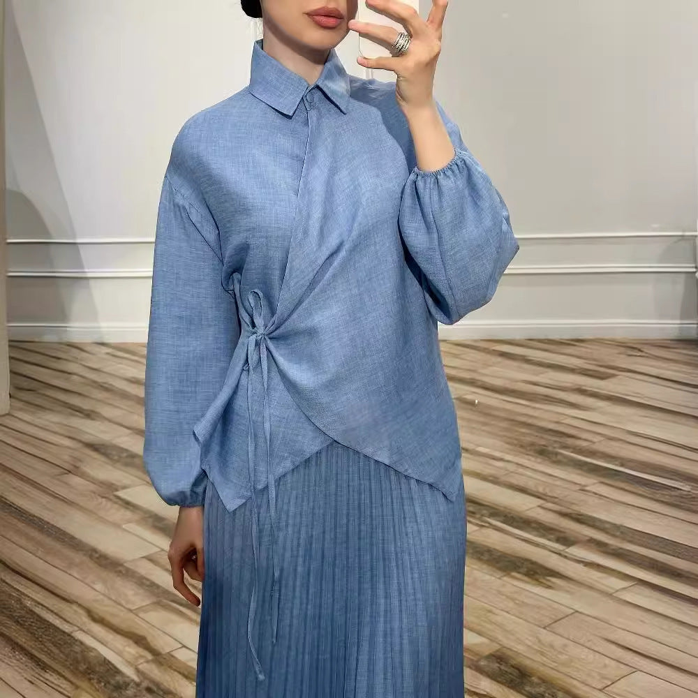 Ny muslimsk elegant och moderiktig plisserad kjol med knytning i damernas stil