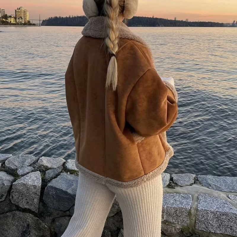 Lapel Woolen Coat With Pockets - Winter Fashion Loose Suede Short Top Women's Clothing