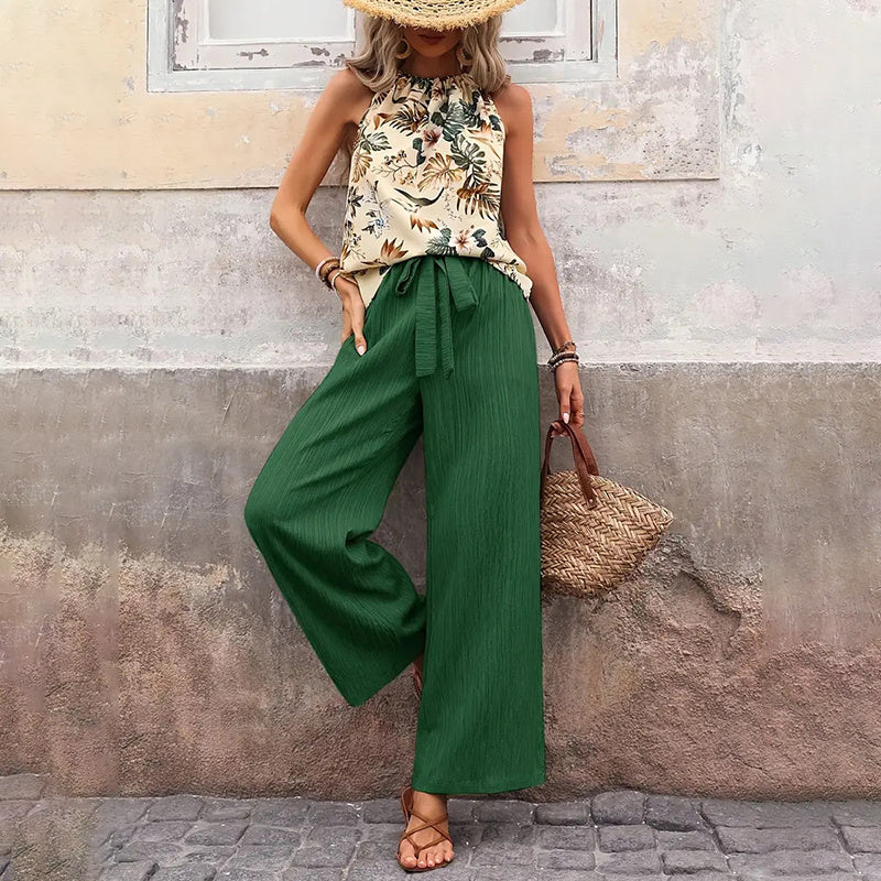 Damkläder med två delar, sommar, casual, ärmlös, halterneck, crop tops, vida ben, set med byxor