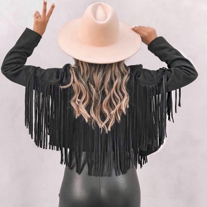 Veste à franges en cuir simili daim pour femme Moto Biker manteau court ouvert sur le devant avec pompon