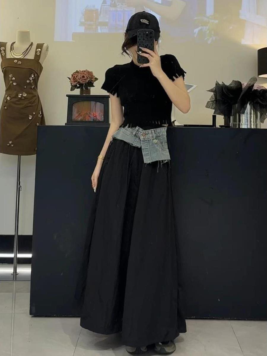 Professional Ladies' Tropical Printed Contrasting Slit Skirt - Polyester Design (Irregular Hem, Pleated Hip, Summer Casual)