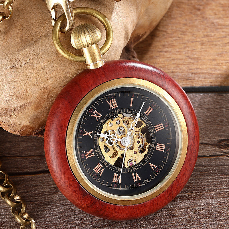Red Copper Wood Roman Scale Retro Mechanical Pocket Watch - Modern Classic Elegant Timeless Sophisticated Precision Must-Have