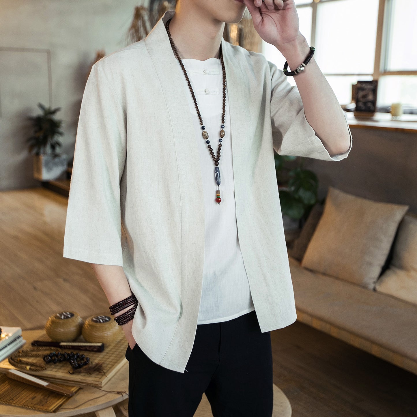 Sommaren mäns kinésiska style bomull och linne fast färg Hanfu sju punkts slem koftan skjorta hommes mode tendance merde rt