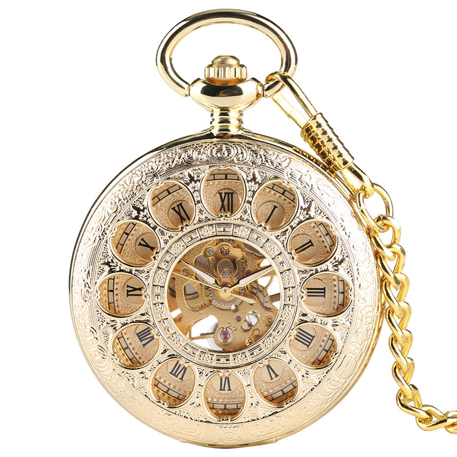 Fashionable Golden Roman Characters Hollow-Out Petals Retro Mechanical Pocket Watch - Elegant Sophisticated Intricate Luxurious